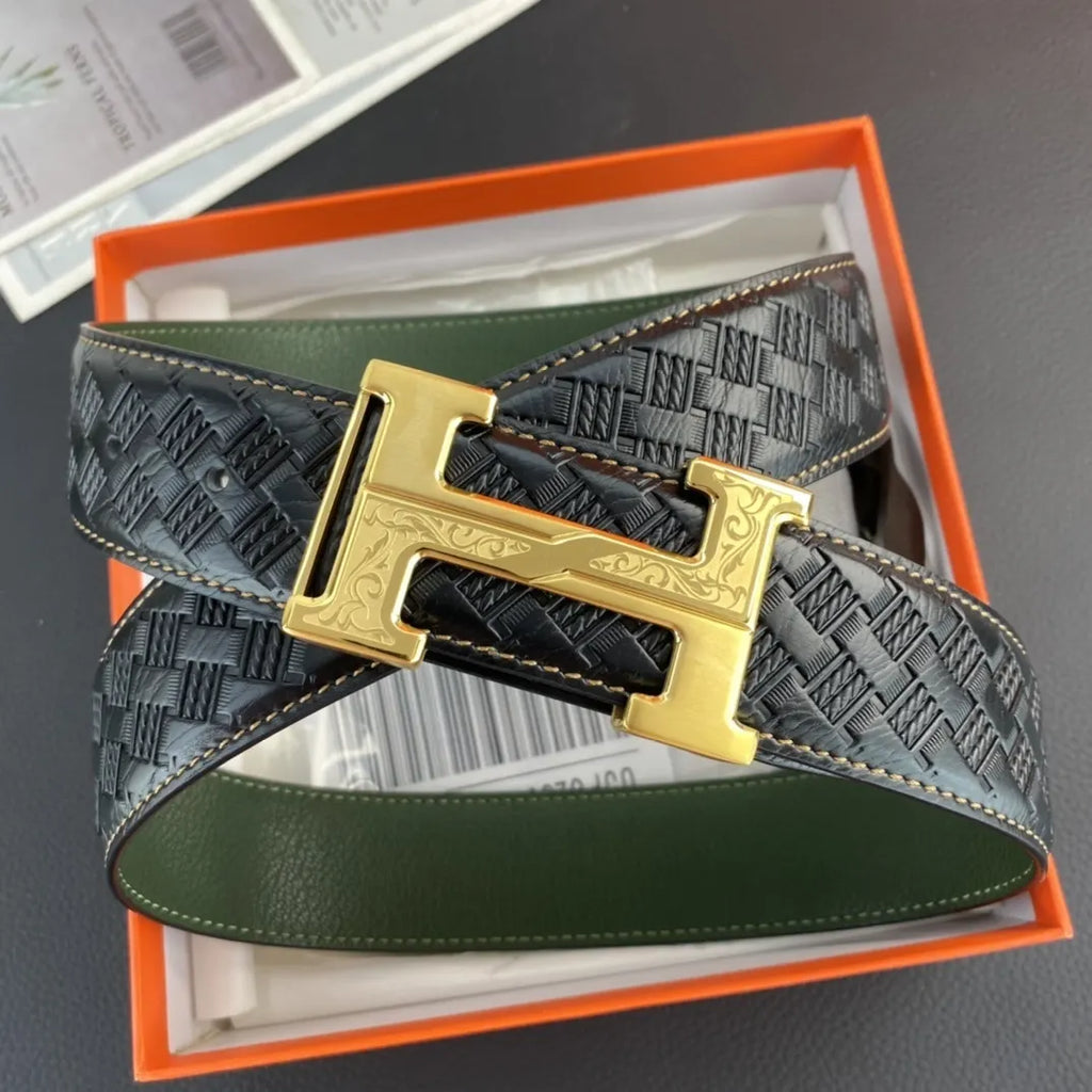 Hermes Black Woven Green Leather Belt - Hình 8