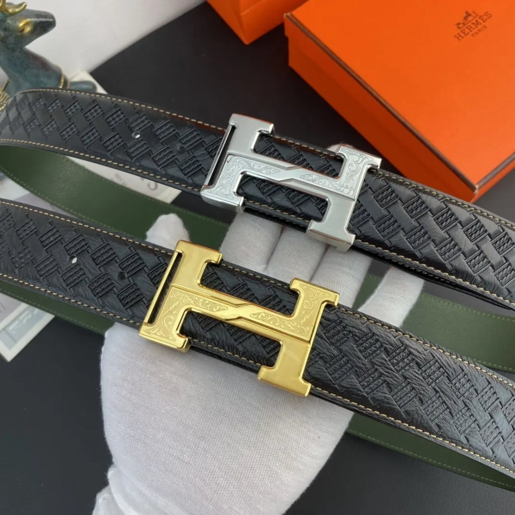 Hermes Black Woven Green Leather Belt - Hình 9
