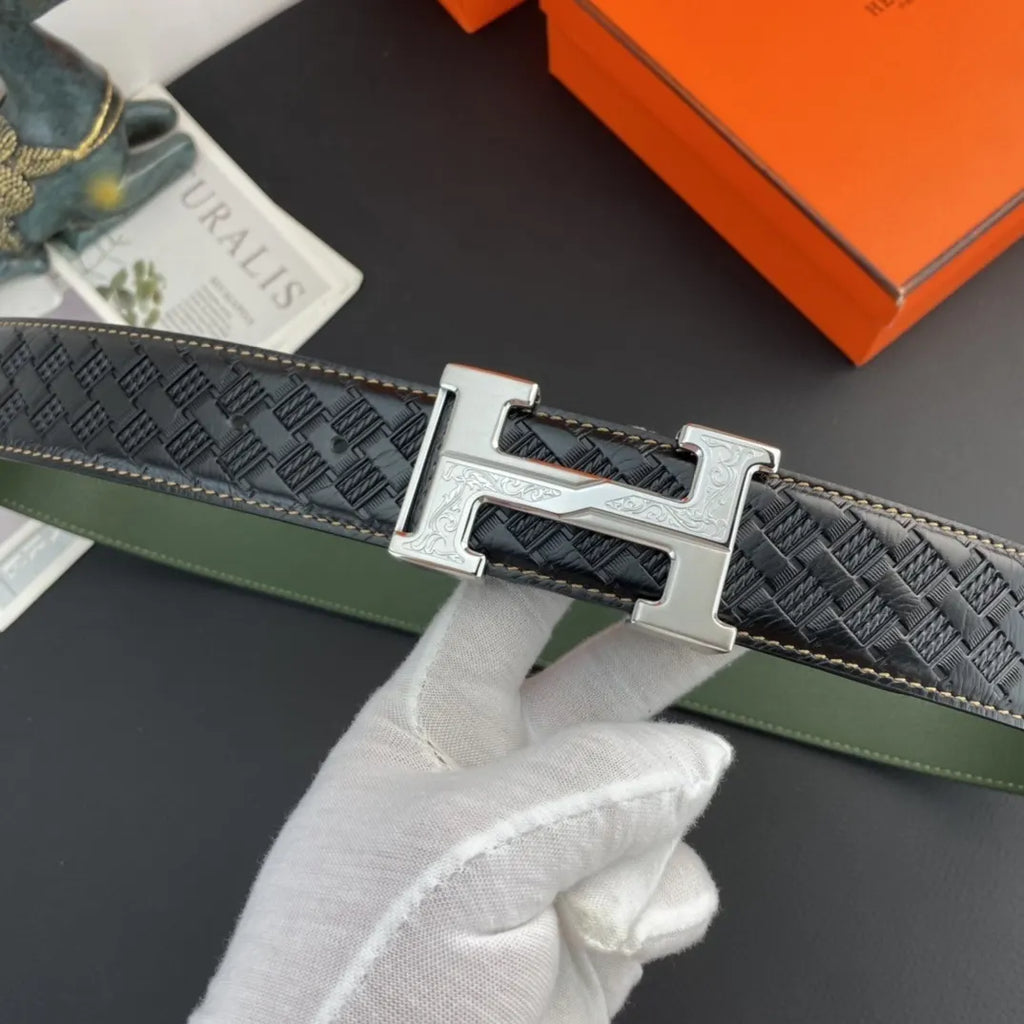 Hermes Black Woven Green Leather Belt