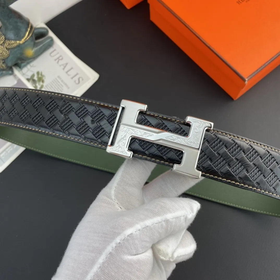 Hermes Black Woven Green Leather Belt