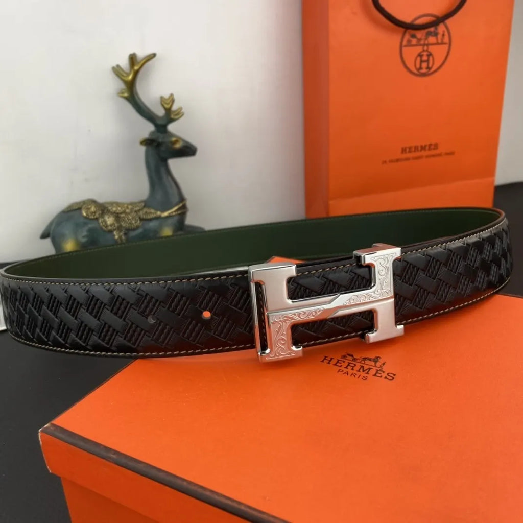 Hermes Black Woven Green Leather Belt - Hình 2