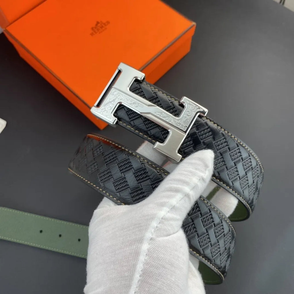 Hermes Black Woven Green Leather Belt - Hình 3