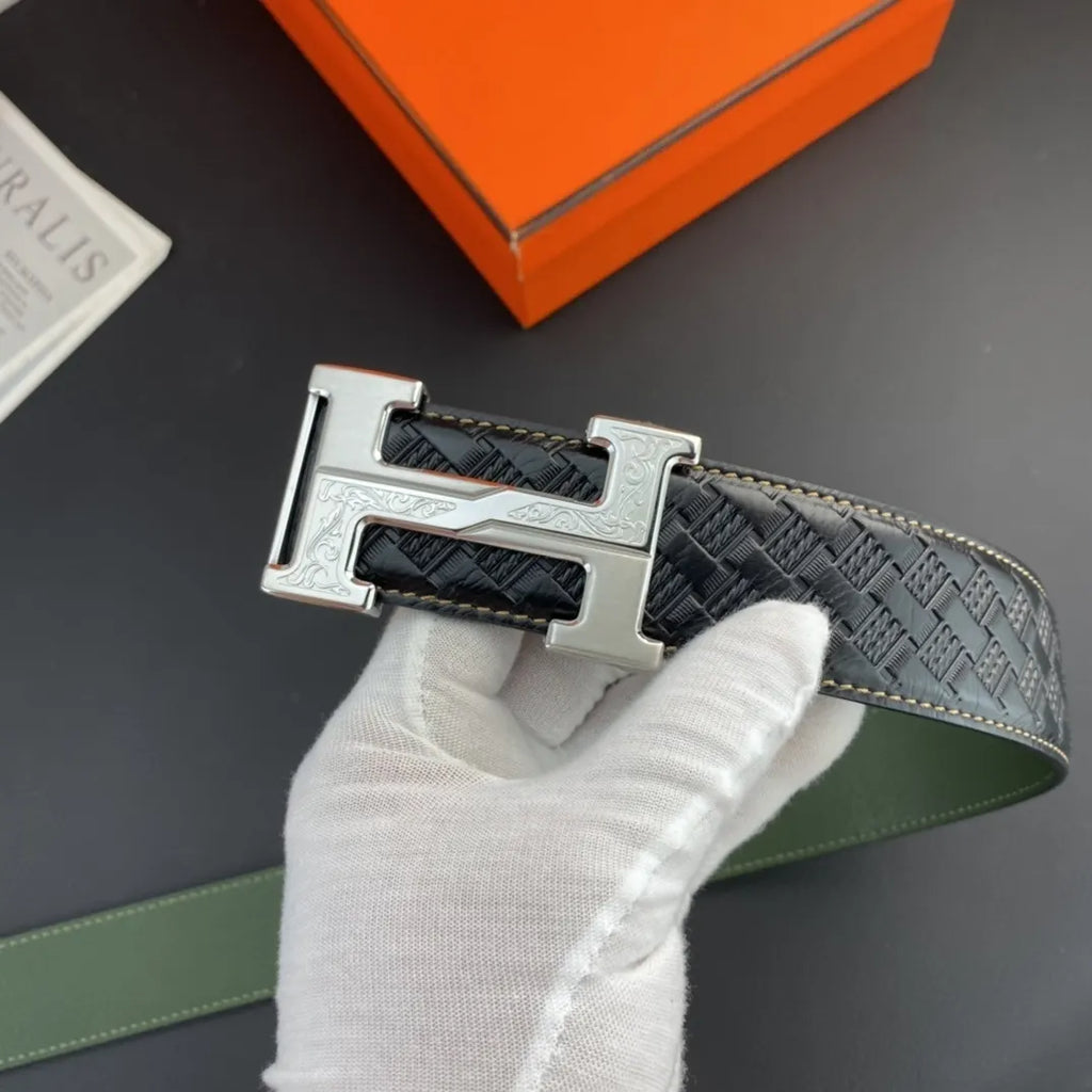 Hermes Black Woven Green Leather Belt - Hình 4