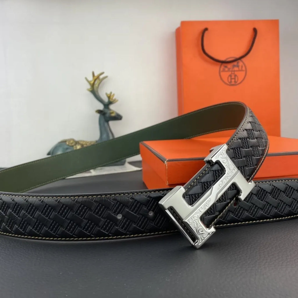 Hermes Black Woven Green Leather Belt - Hình 5