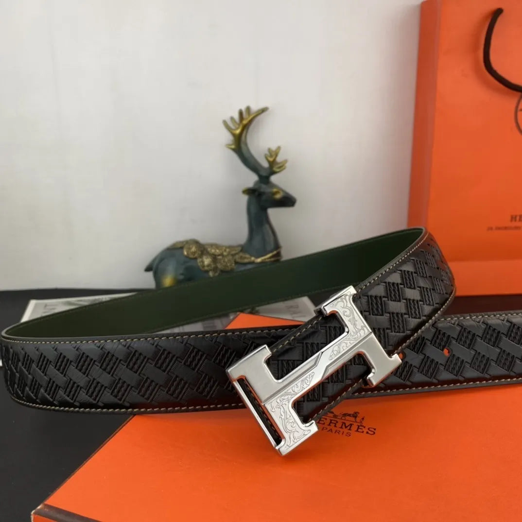 Hermes Black Woven Green Leather Belt - Hình 6