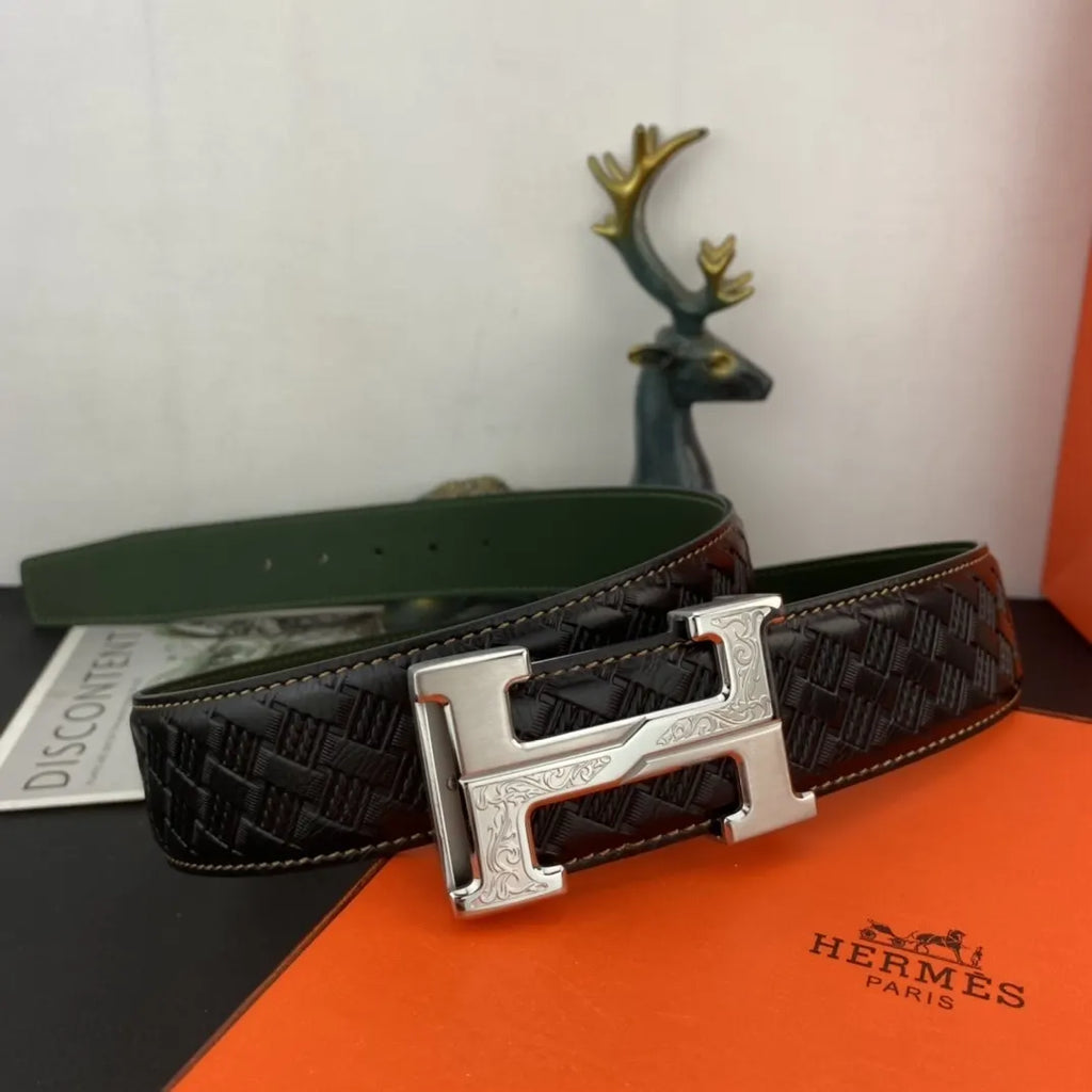 Hermes Black Woven Green Leather Belt - Hình 7