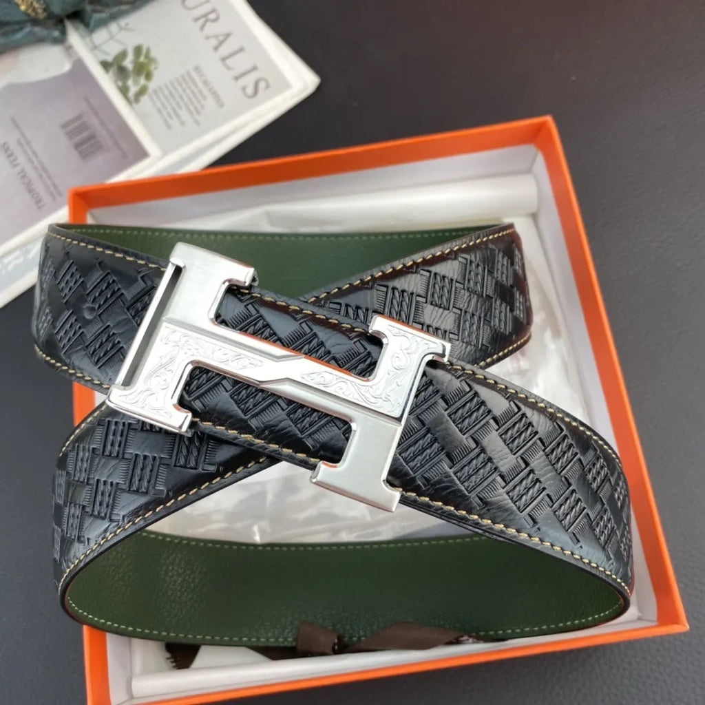 Hermes Black Woven Green Leather Belt - Hình 8