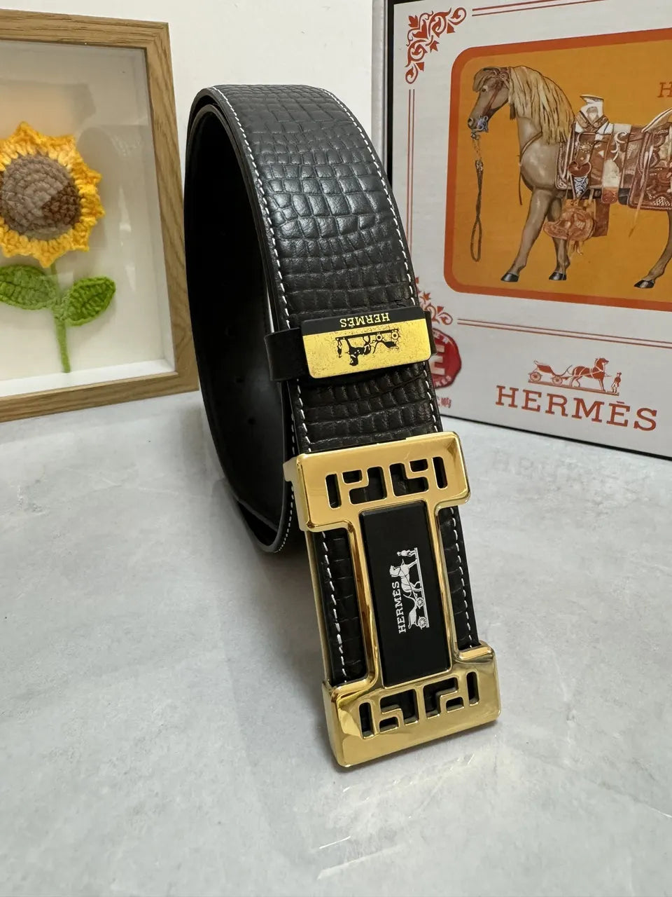 silver buckle Hermes Black Textured Leather Belt - Hình 2