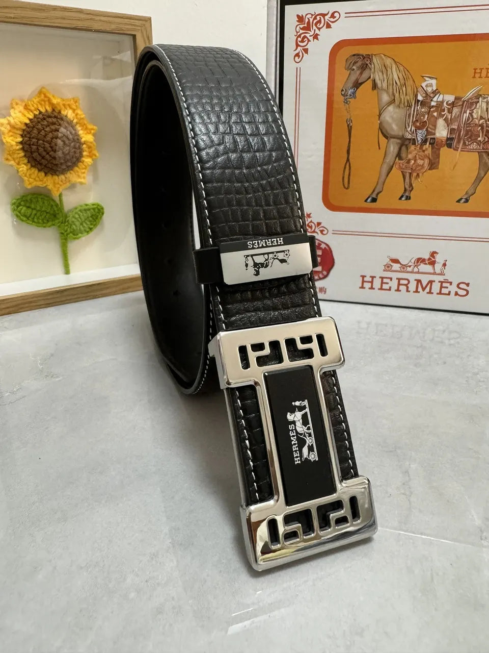 Hermes Black Textured Leather Belt silver