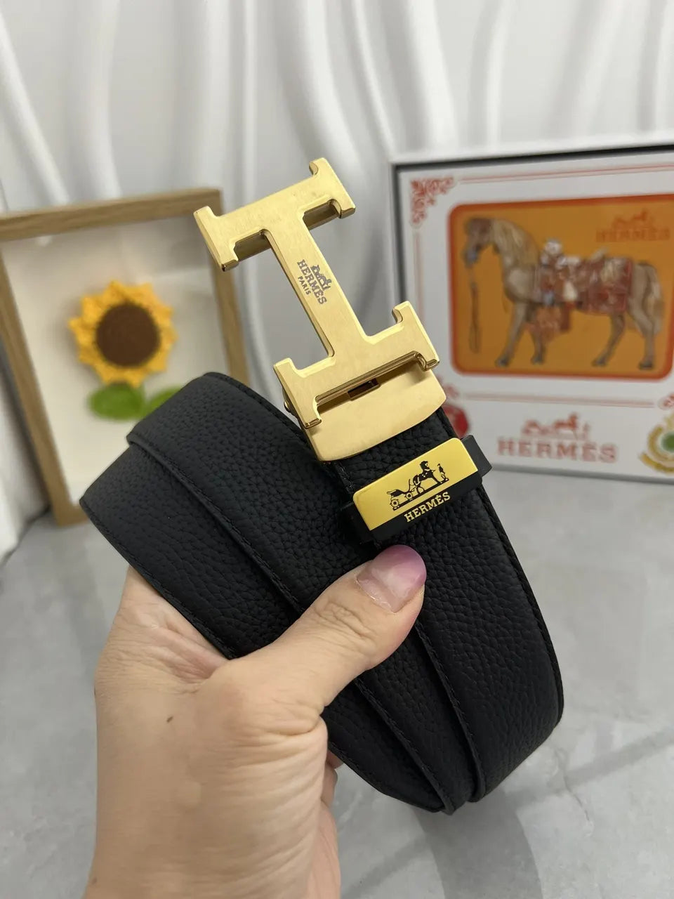 Hermes Black Leather Belt buckles