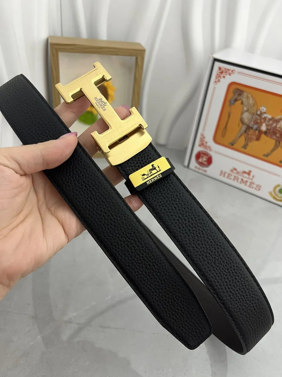 Hermes Black Textured Leather Belt gold buckle - Hình 2