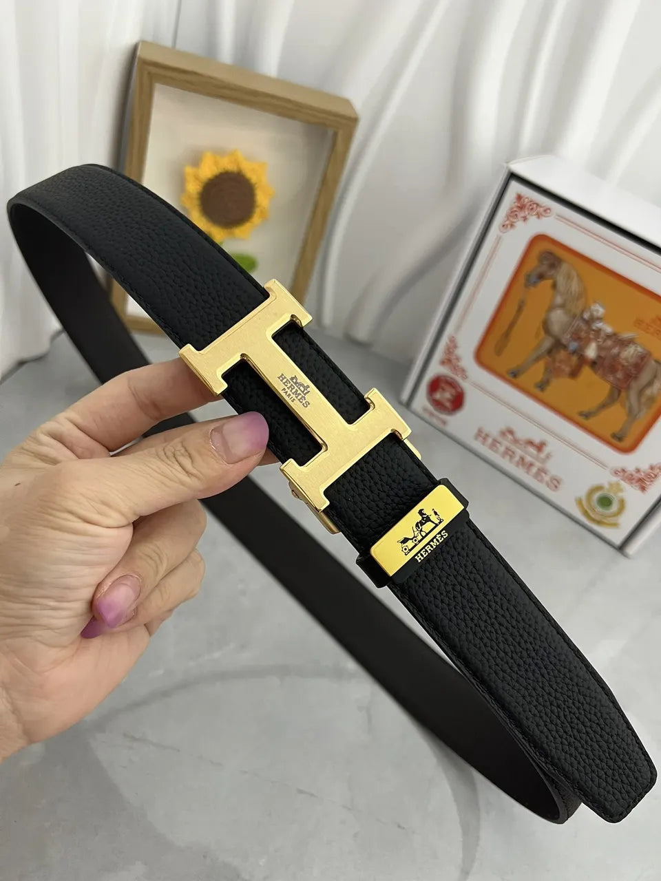 Hermes Black Textured Leather Belt gold buckle - Hình 3