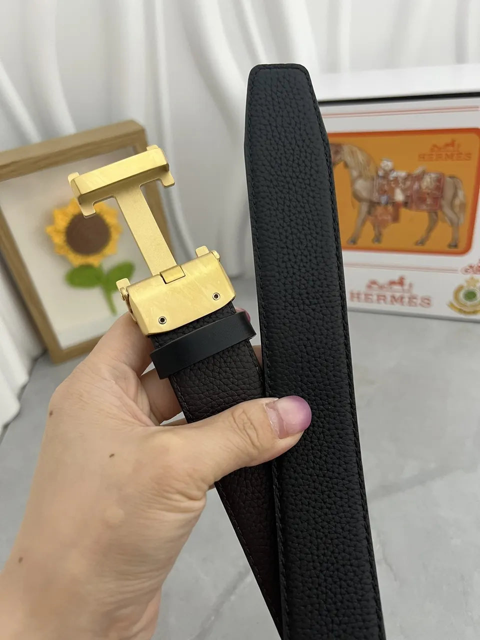 Hermes Black Textured Leather Belt gold buckle - Hình 6