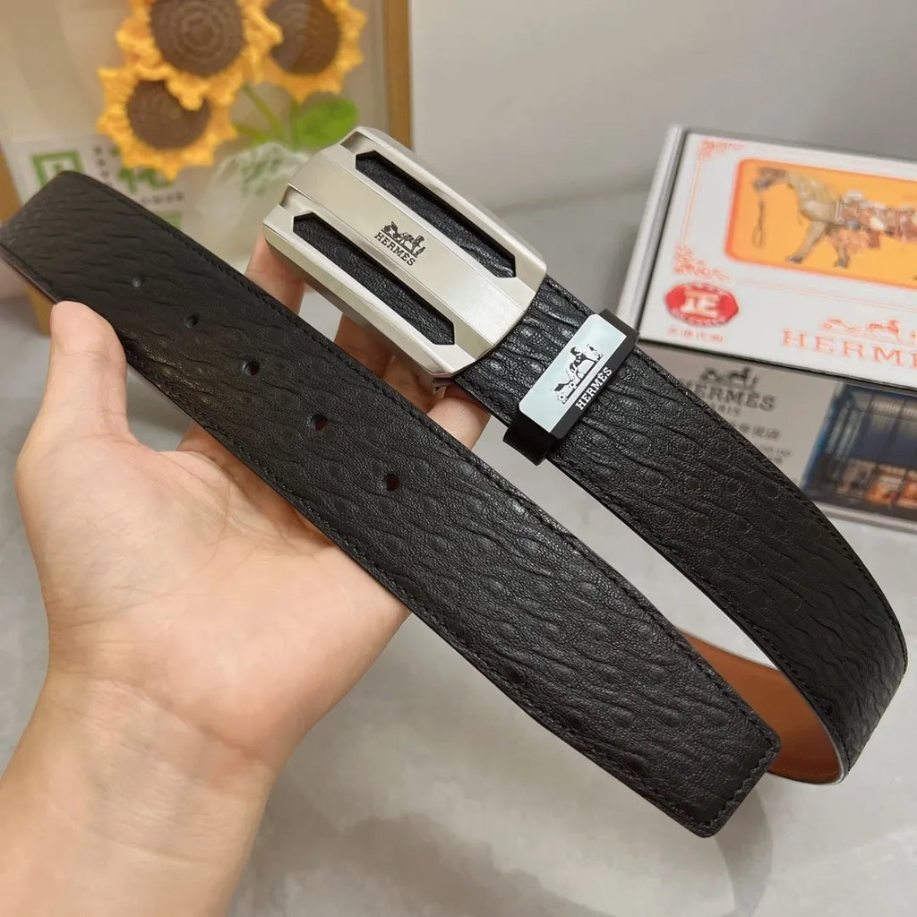 Hermes Black Textured Leather Belt silver