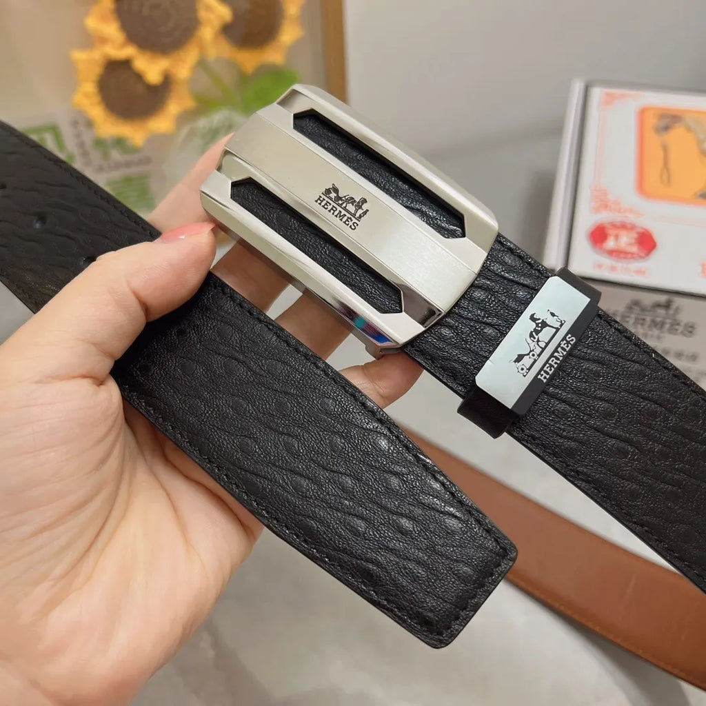 Hermes Black Textured Leather Belt silver - Hình 2