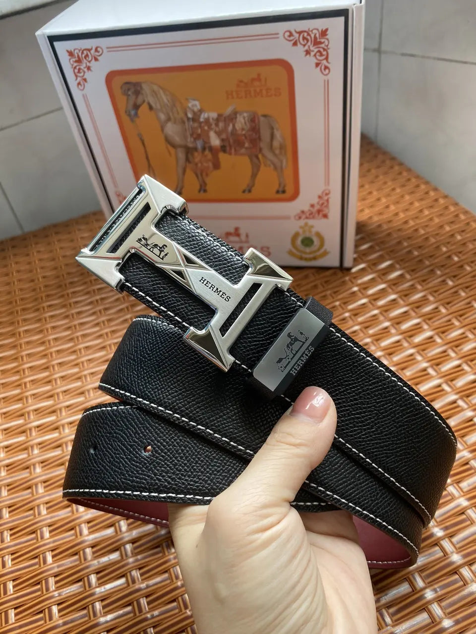Hermes Black Leather Silver H Belt