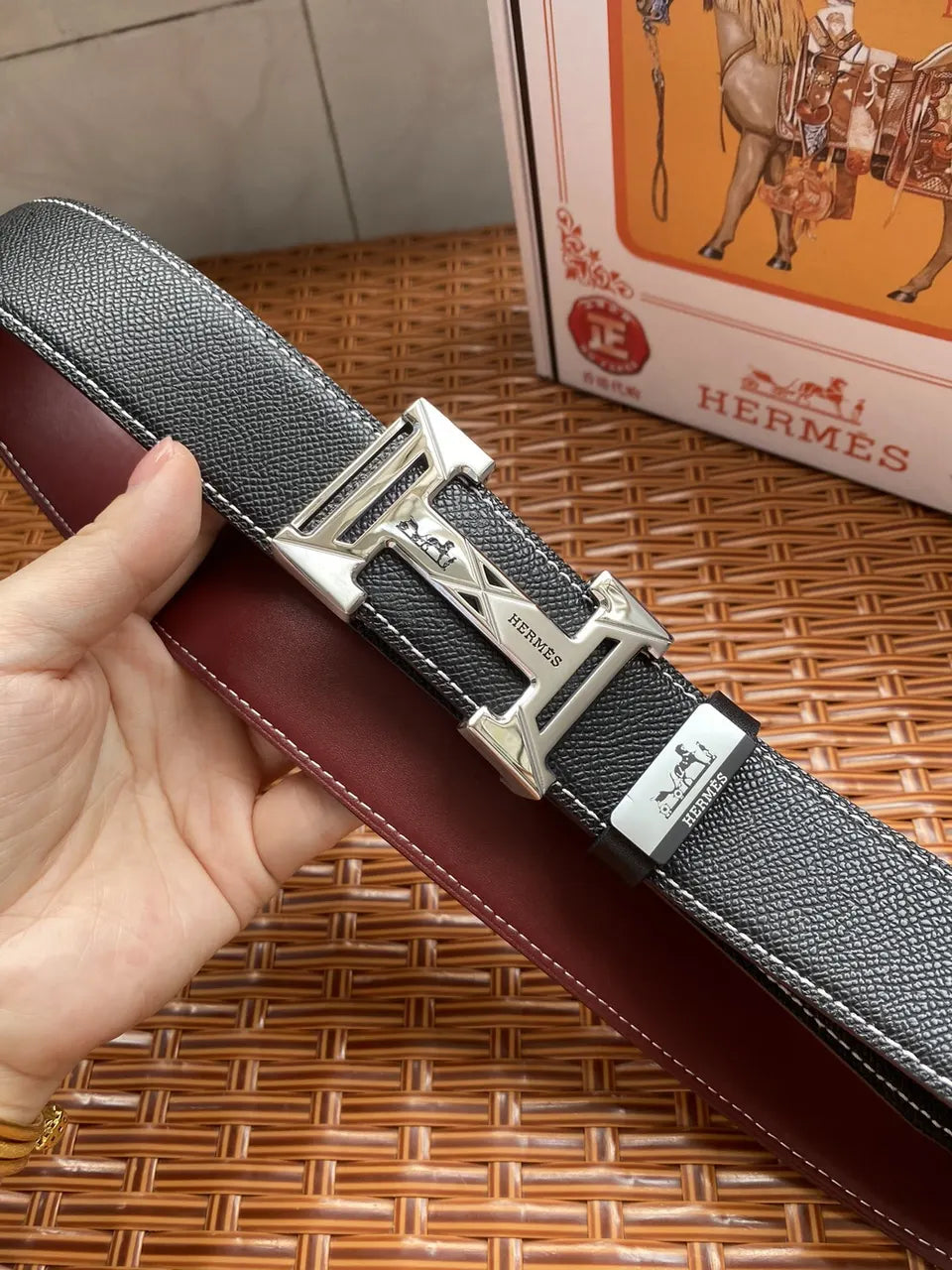 Hermes Black Leather Silver H Belt - Hình 2