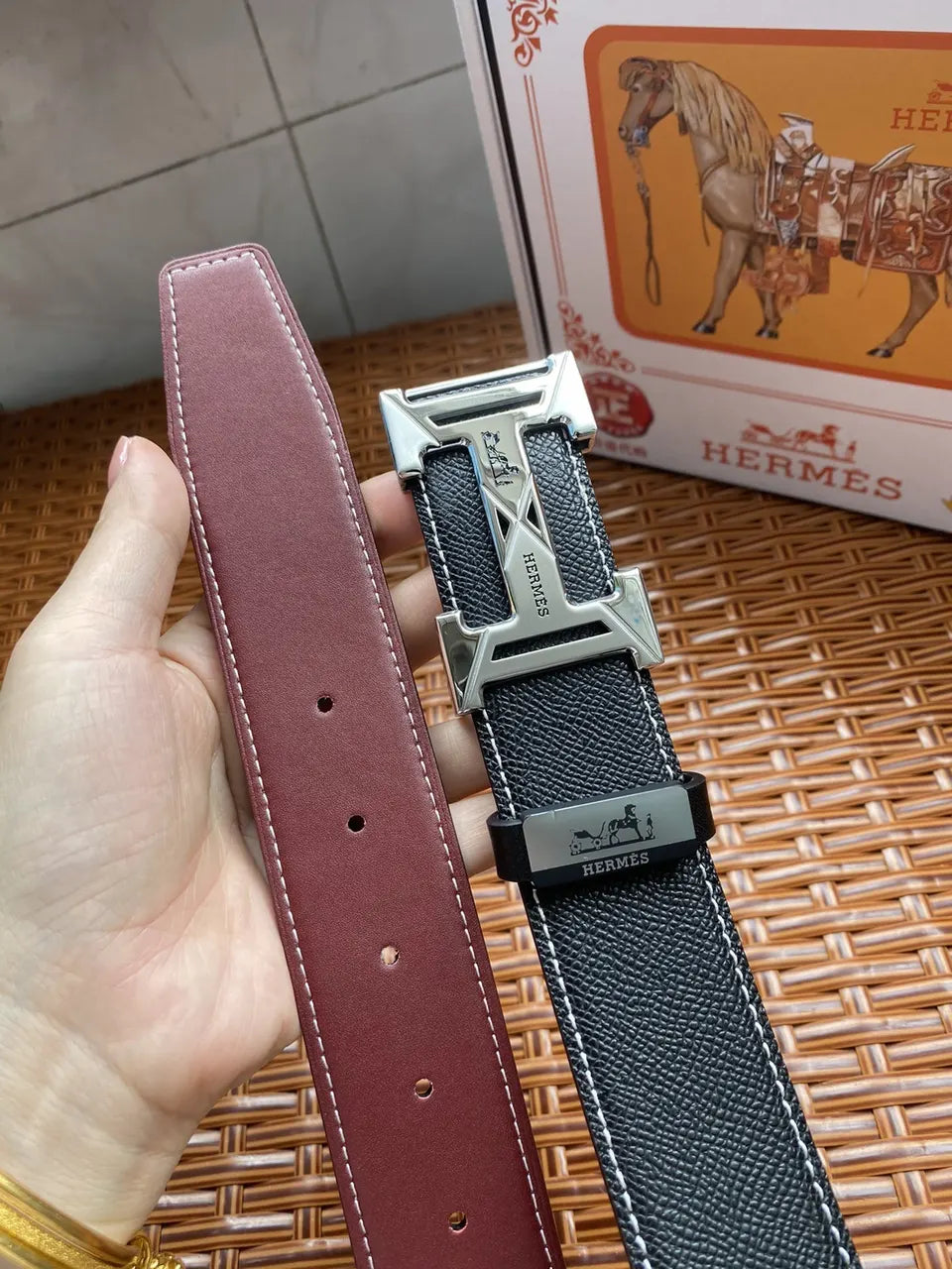 Hermes Black Leather Silver H Belt - Hình 6