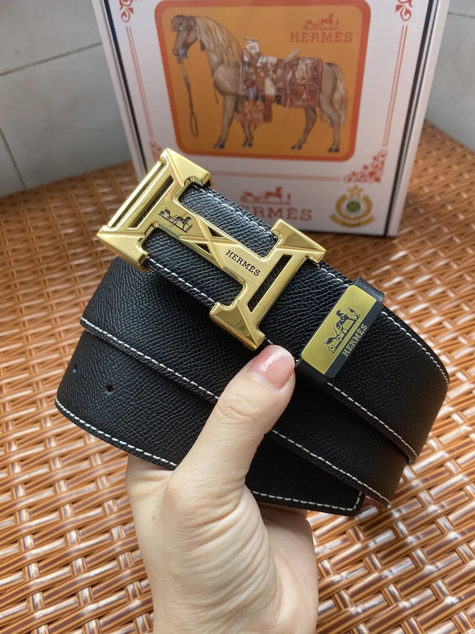 gold buckle Hermes Black Textured Leather Belt