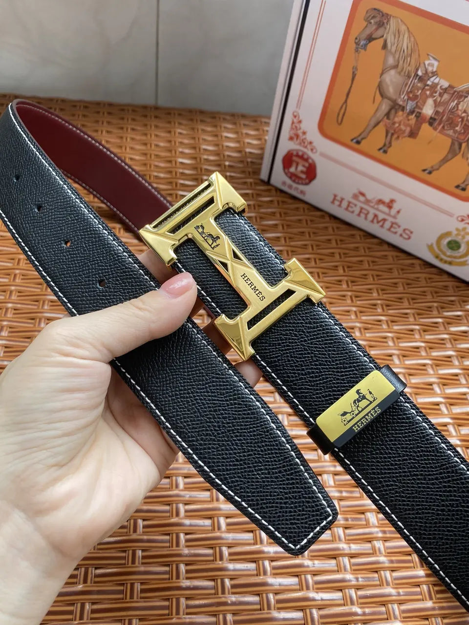 silver gold Hermes Black Leather Belt - Hình 5