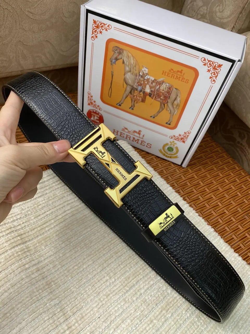 Hermes Black Crocodile Silver Buckle Belt - Hình 4