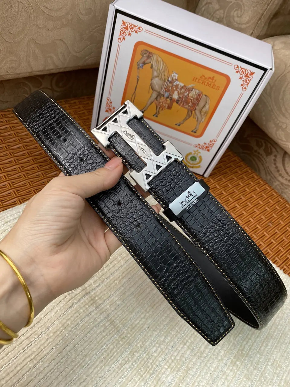 Hermes Black Crocodile Silver Buckle Belt - Hình 5