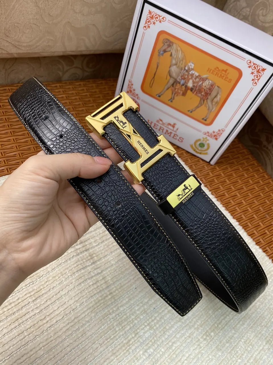 Hermes Black Crocodile Silver Buckle Belt - Hình 6