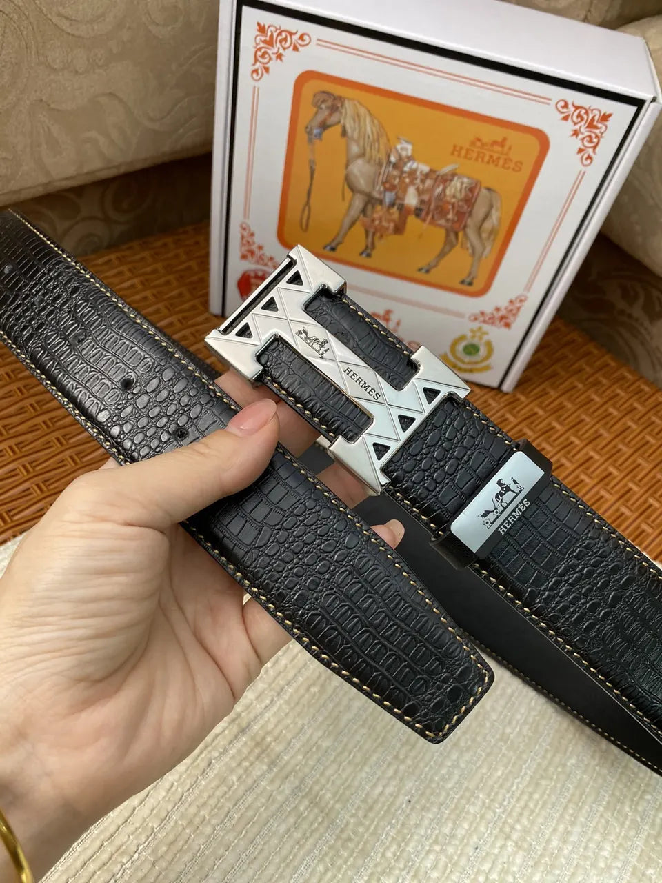 Hermes Black Crocodile Silver Buckle Belt - Hình 7