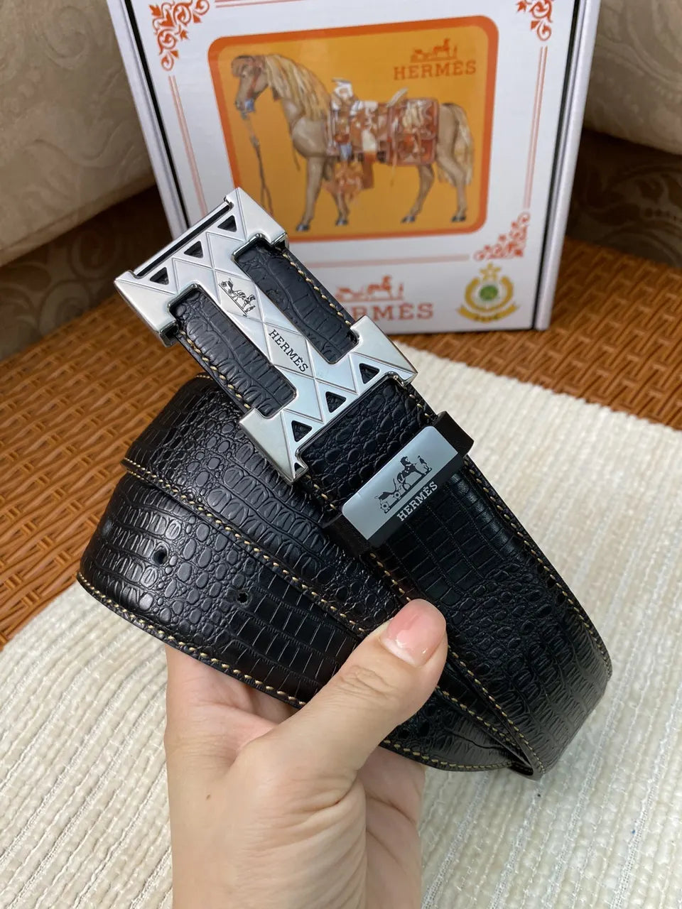 Hermes Black Alligator Belt silver