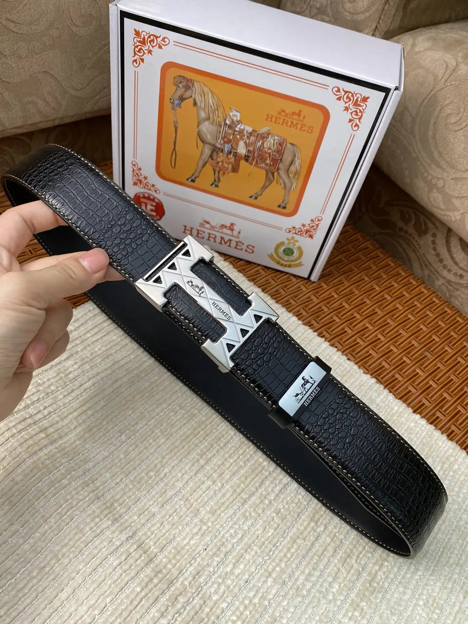 Hermes Black Alligator Belt silver - Hình 2
