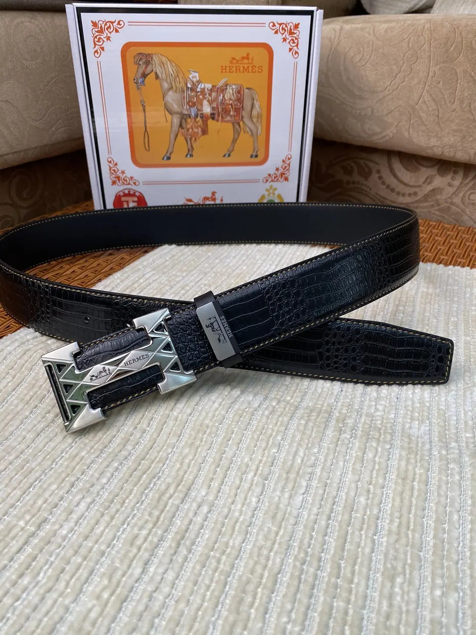 Hermes Black Alligator Belt silver - Hình 3