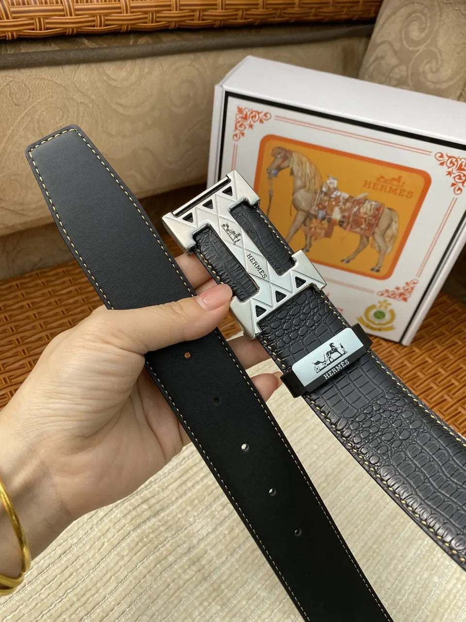 Hermes Black Alligator Belt silver - Hình 6