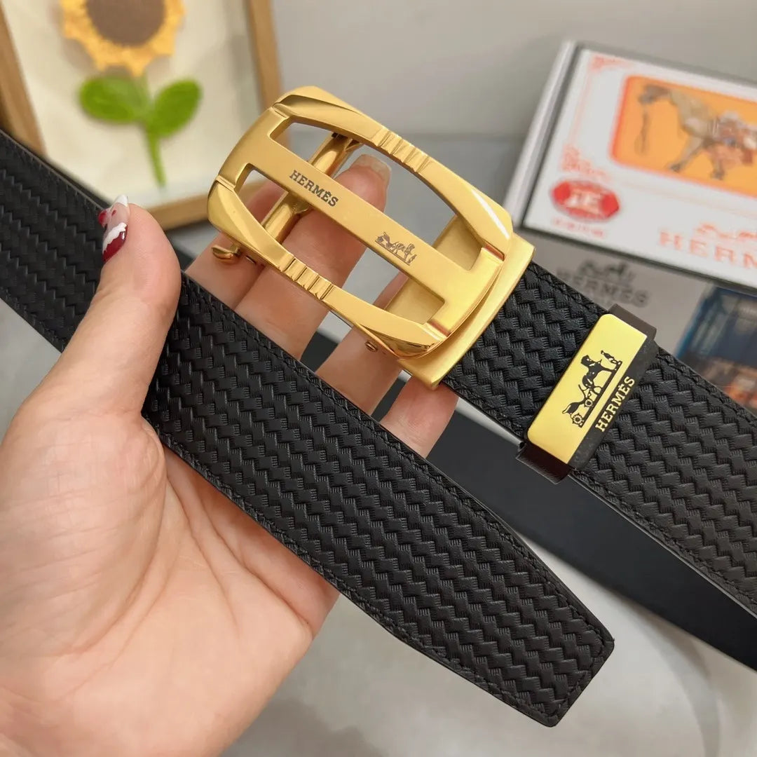 gold Hermes Black Woven Belt - Hình 2