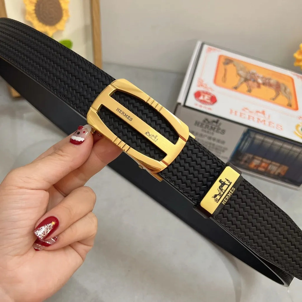 gold Hermes Black Woven Belt - Hình 3