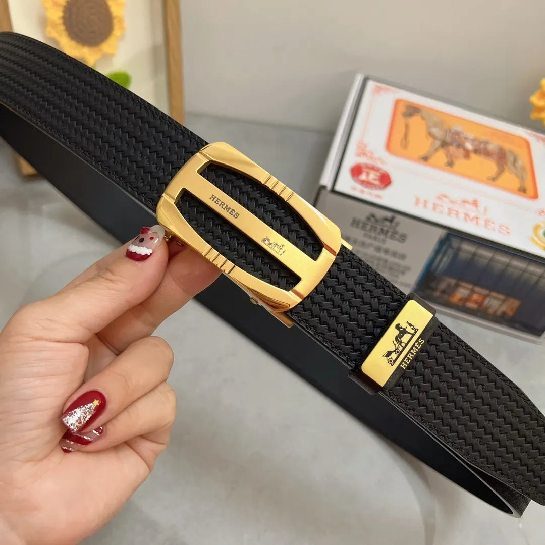 gold Hermes Black Woven Belt - Hình 3