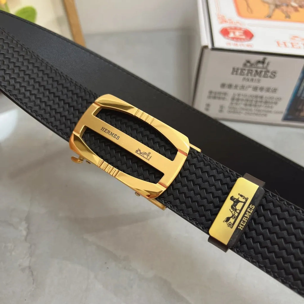 gold Hermes Black Woven Belt - Hình 4