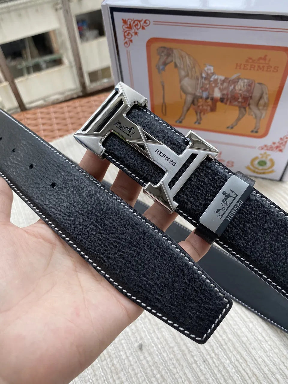 Hermes Black Silver Buckle Belt - Hình 6