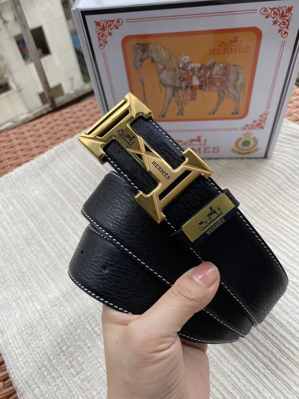 buckle Hermes Black Leather Gold H Belt