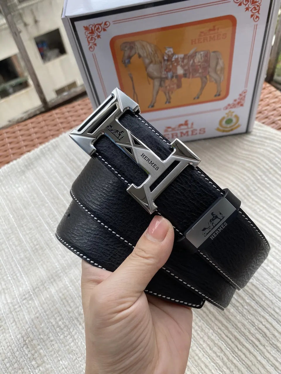 Hermes Silver Buckle Black Leather Belt