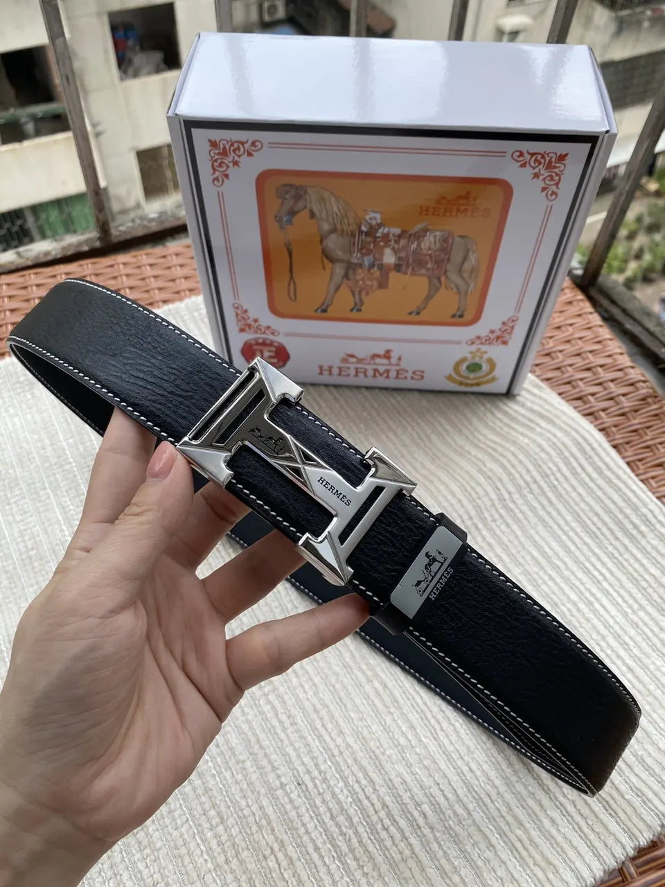 Hermes Silver Buckle Black Leather Belt - Hình 2