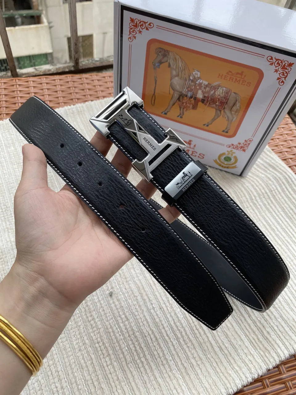 Hermes Silver Buckle Black Leather Belt - Hình 3