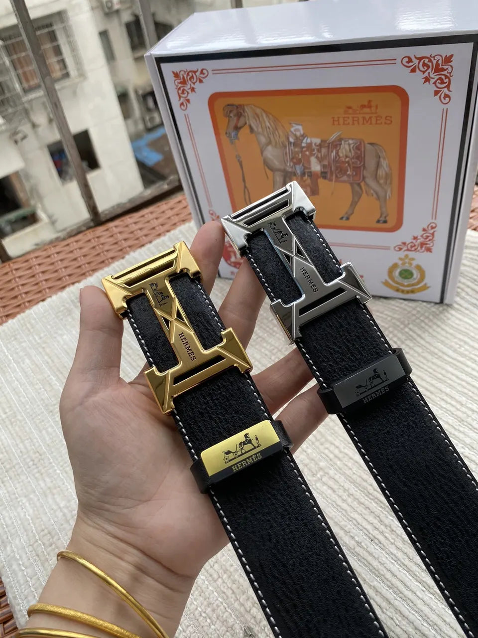 Hermes Silver Buckle Black Leather Belt - Hình 6