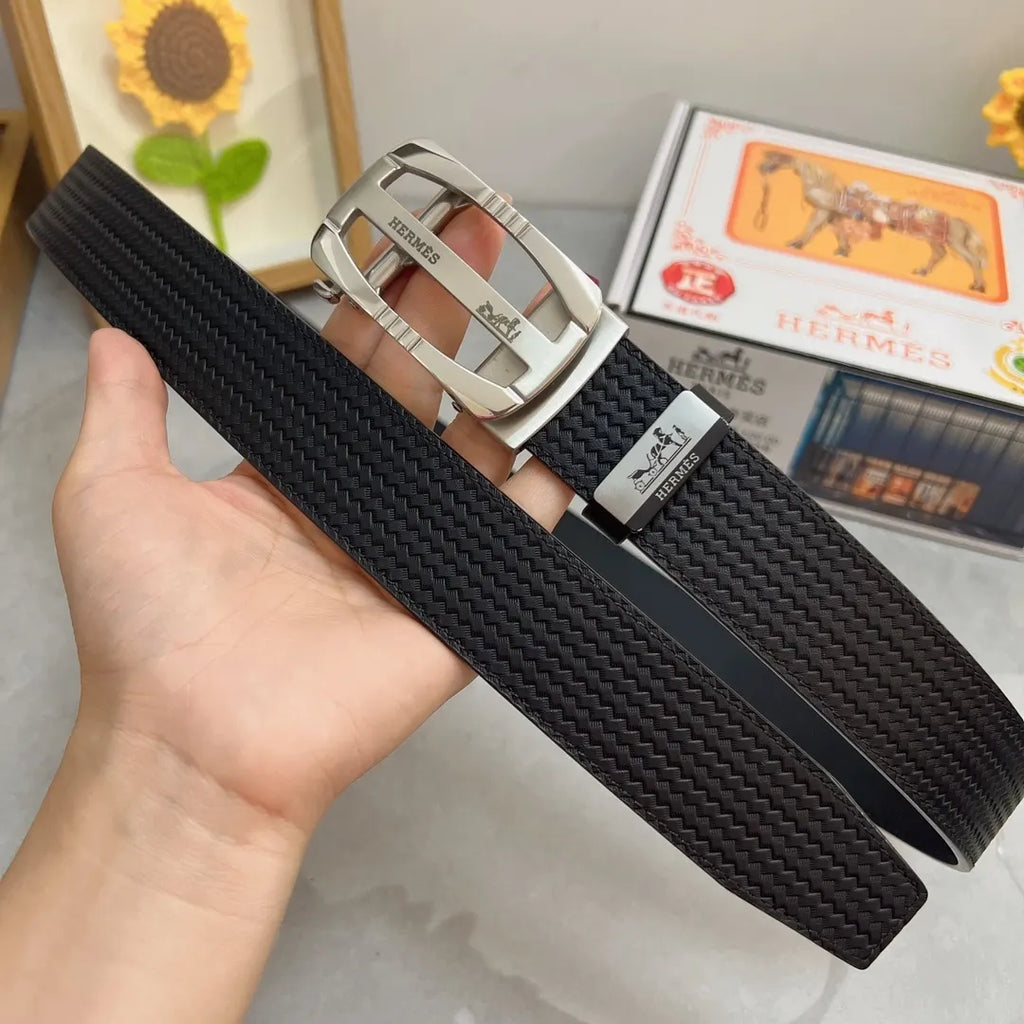 Hermes Black Woven Belt Silver