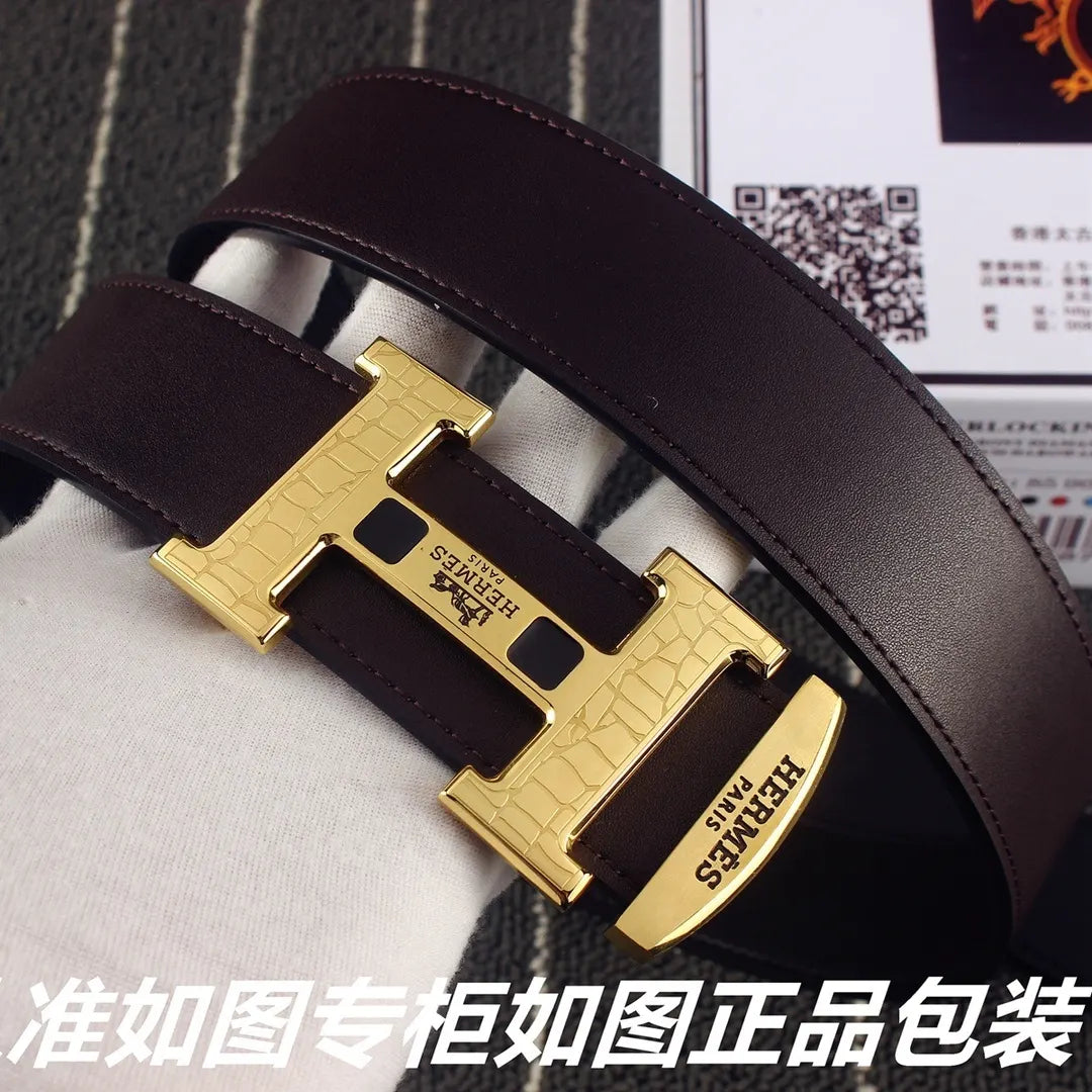 gold crocodile Hermes Brown Leather Belt