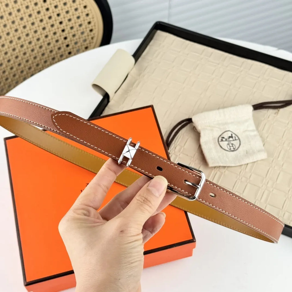 silver buckle Hermes Tan Leather Belt - Hình 2