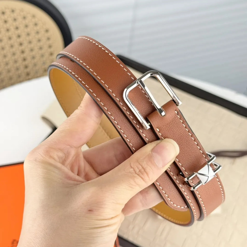 silver buckle Hermes Tan Leather Belt - Hình 5