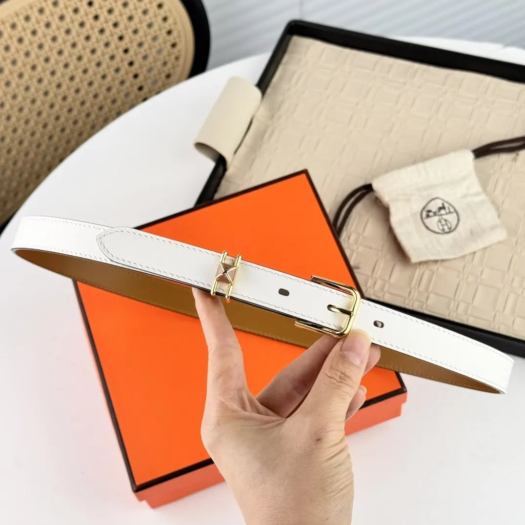 gold Hermes White Leather Belt - Hình 2
