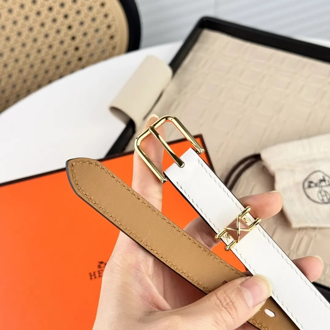 gold Hermes White Leather Belt - Hình 6