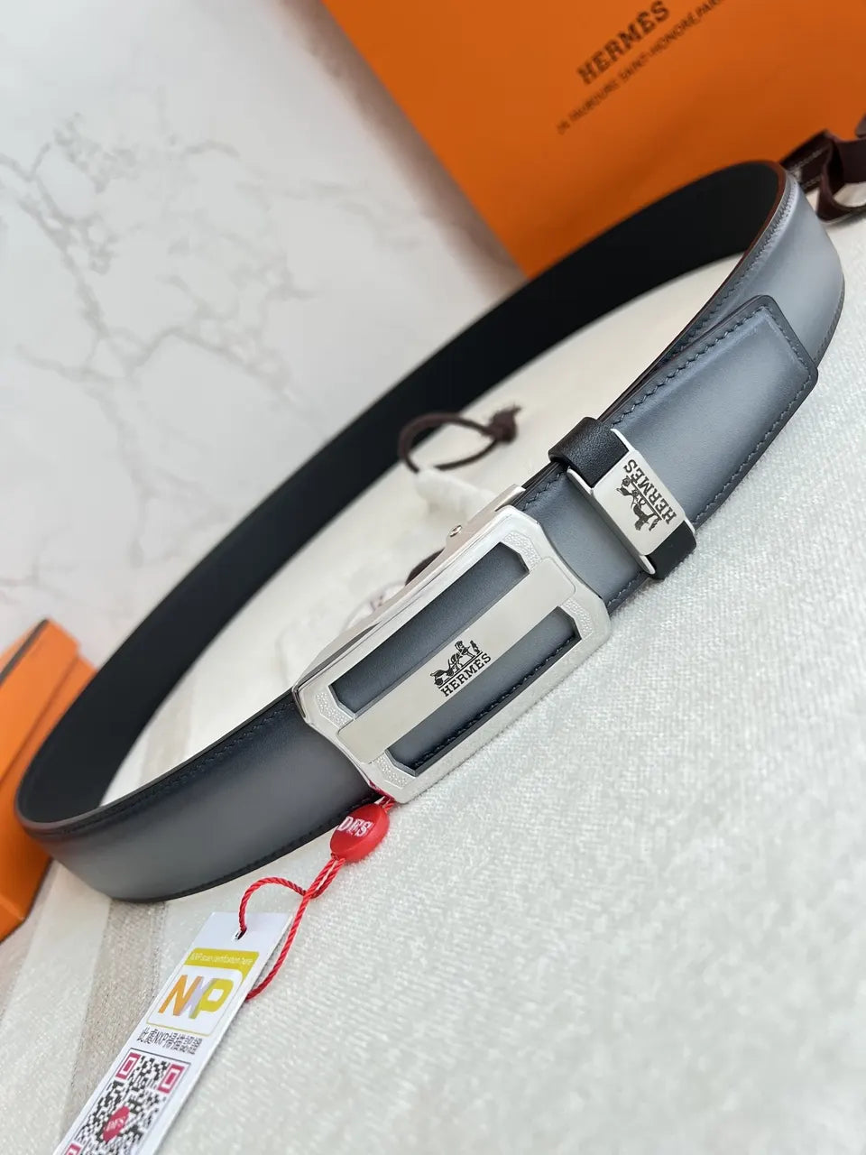 Hermes Gray Leather Belt silver
