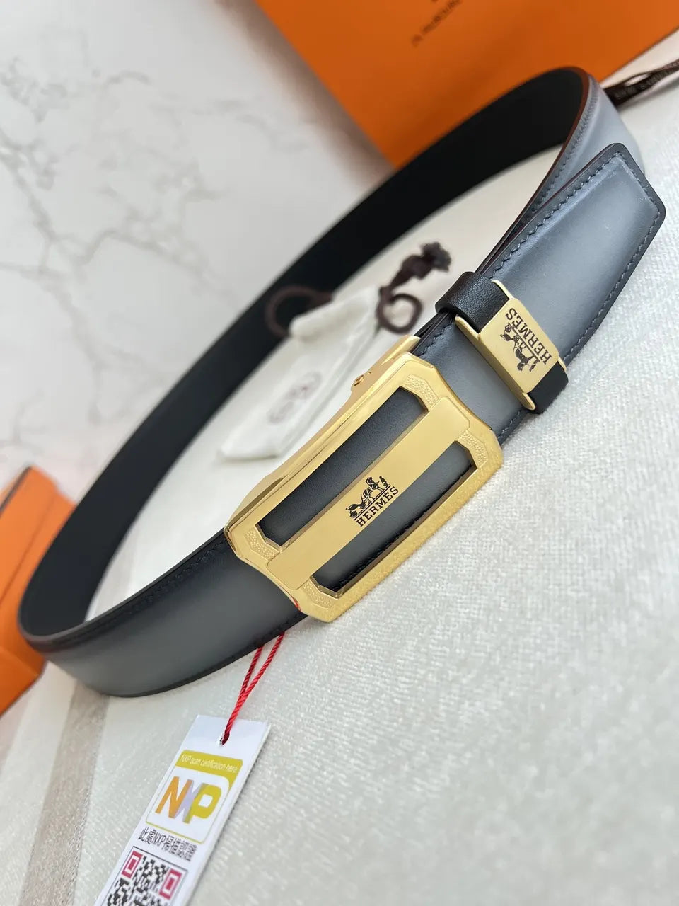 Hermes Gray Leather Belt silver - Hình 2
